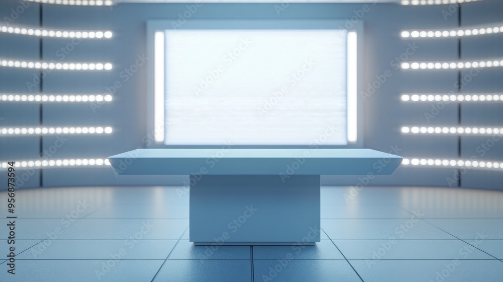 Poster White table on a stand with a LED screen backdrop in a news studio 3D rendering