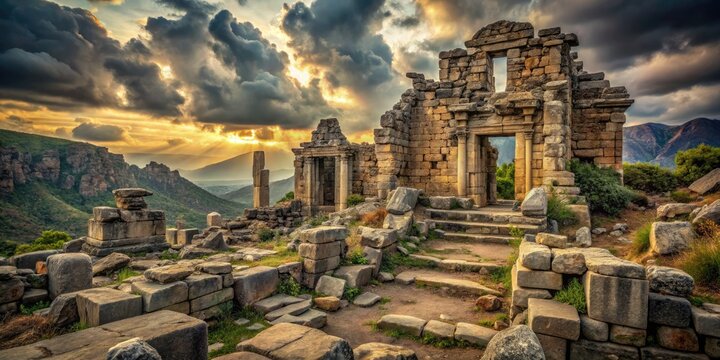 Ancient ruins crumbling decrepitude mysterious mystic aura weathered stones forgotten history