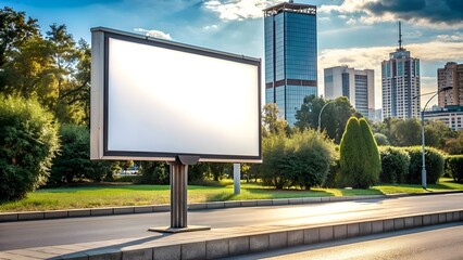 Fototapeta premium Blank billboard mockup in an urban setting with greenery and skyscrapers.