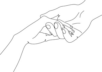 Two hands of man and woman together vector drawing. Concept of romantic relationship, support, help, promise, reconciliation.