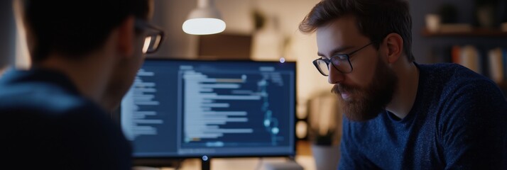 Two people collaborating on a computer screen with code displayed, lit by a desk lamp in a dimly lit room.