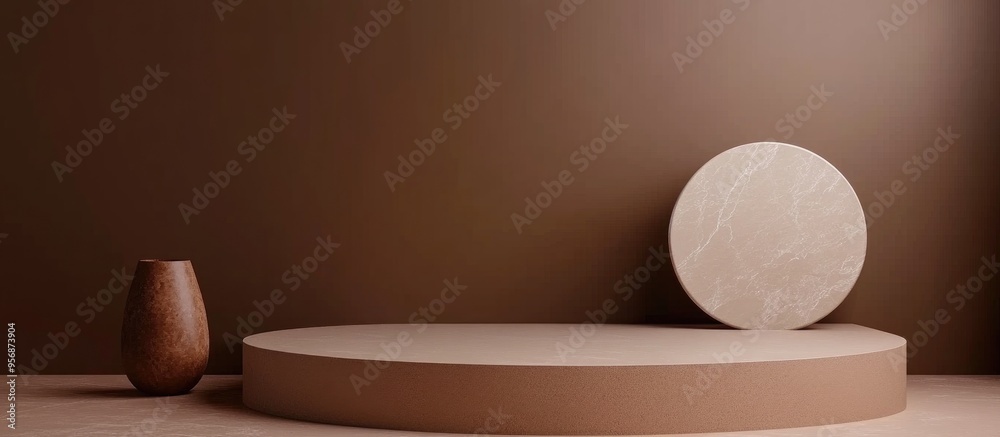 Poster Minimalistic podium design with a brown backdrop for product display 3D rendering visualization
