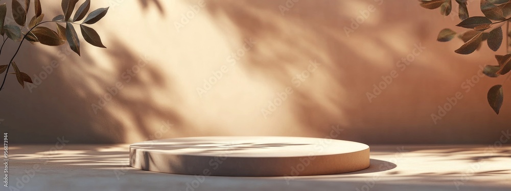 Poster minimal podium on a brown background featuring leaf shadows ideal for product presentations 3d rende