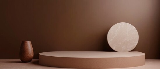 Minimalistic podium design with a brown backdrop for product display 3D rendering visualization