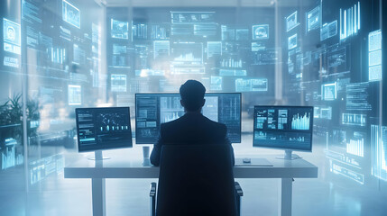 Marketing manager conducting a virtual meeting in a glossy flexible workspace concept as Camera movement Zoom into the screen showing marketing strategies and team collaboration. Scene A dynamic works