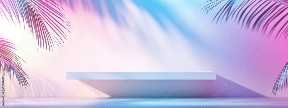 Poster minimalist white wall featuring a glass shelf for showcasing products an empty space with palm leaf 
