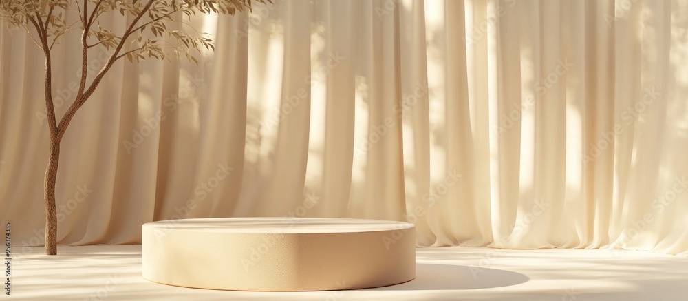 Poster Beige platform against a beige curtain backdrop featuring sunshade and tree shadows Abstract setting for product or advertisement display 3D rendering