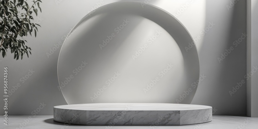 Poster Empty marble podium featuring geometric shapes in a gray composition for a modern stage display and minimalist mockup serving as an abstract showcase background 3D illustration or render concept