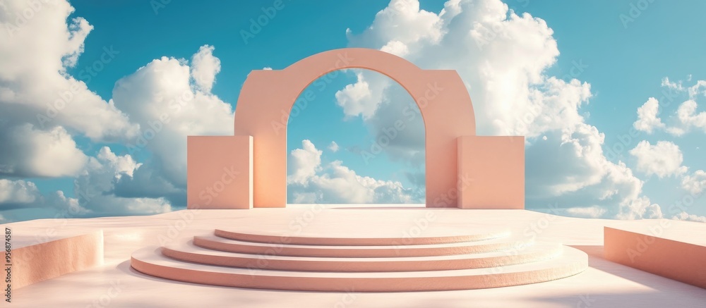 Poster Podium stage displayed against a peach background featuring blue sky and clouds in a sunny setting 3D render