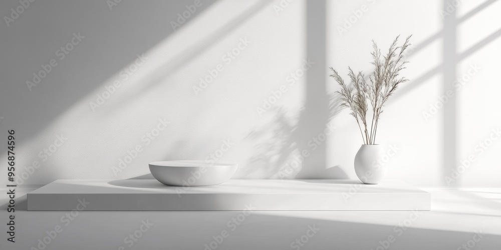 Poster minimalist modern white podium platform for product presentation 3d rendering