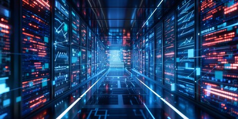 A futuristic holographic display showing interconnected data nodes in a virtual data warehouse simulation