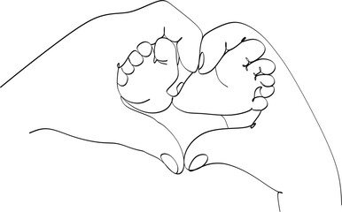 Mom s hands hold the legs of a newborn one line art. Continuous line drawing of motherhood, family, endless love, child, mother s day, baby feet, tenderness.