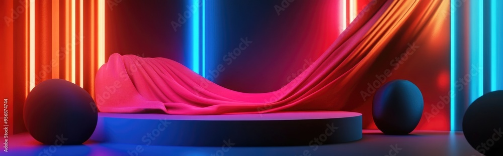 Poster Product showcase with arranged objects and flowing brown fabric decoration 3D rendering