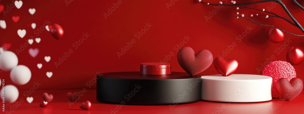 Poster black red and white podiums on a red background showcasing cosmetics in a valentine s day fashion di