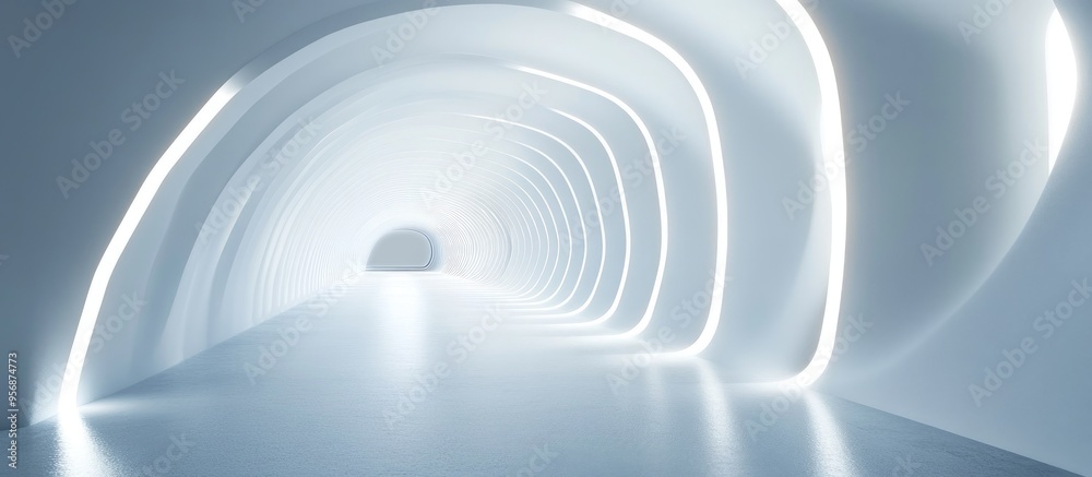 Poster Futuristic abstract interior of a light corridor modern minimal environment and imaginative tunnel design 3D rendering