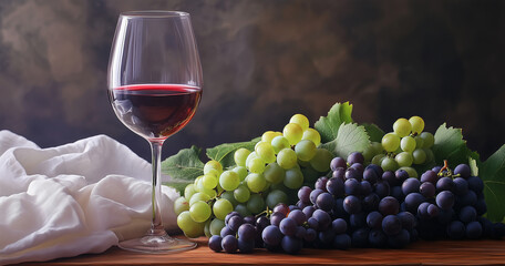 Obraz premium Bicchiere di vino accanto a uva. Raccolta dell'uva.