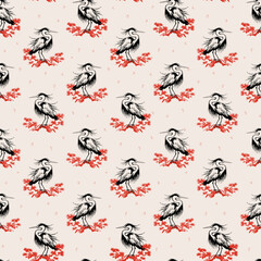 Seamless pattern with a heron and pine tree branch