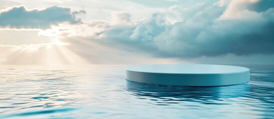 Blue water surface featuring a podium designed for cosmetic product presentation 3D rendering