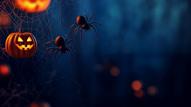 Halloween black spiders hang on spider web and jack o lantern , Halloween background with blank space for text .