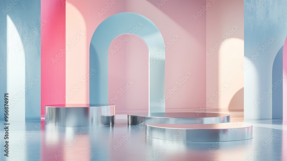 Poster abstract geometric shapes in pastel colors with a silver minimalistic design 3d rendering