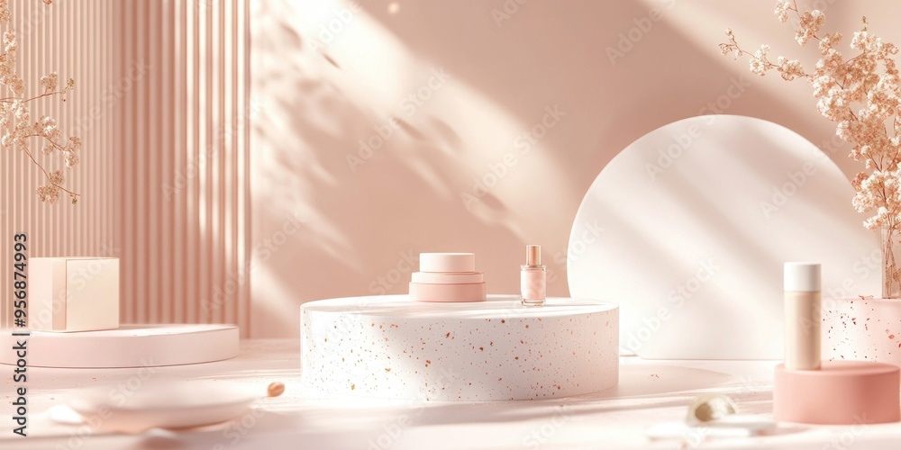 Aufkleber Pastel colored mock up scene featuring geometric podium shapes for showcasing products with an abstract backdrop 3D rendering and a stand designed for cosmetic items