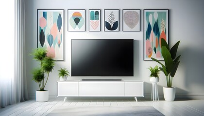 white living room with smart tv