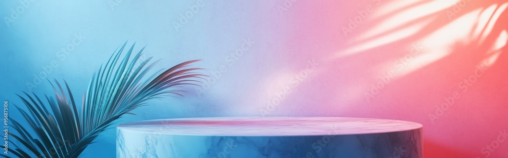 Aufkleber Marble podium mockup featuring a white palm leaf against a light backdrop evoking a tropical summer theme This minimal abstract scene includes geometric shapes designed for panoramic banners and p
