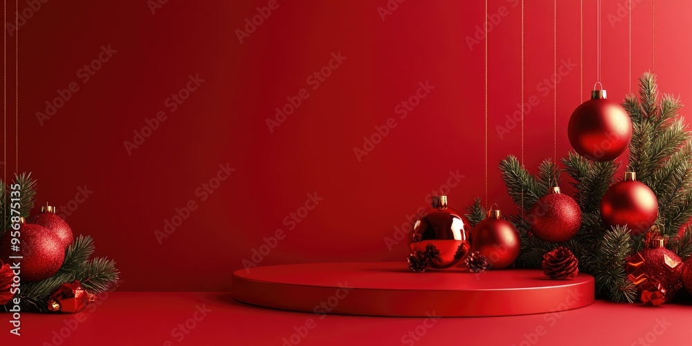 Poster christmas themed illustration with 3d rendering on a red background for product promotion