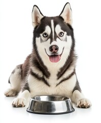 Fototapeta premium A Husky dog sits in front of an empty pet bowl, looking directly at the camera with a joyful, tongue-out expression.