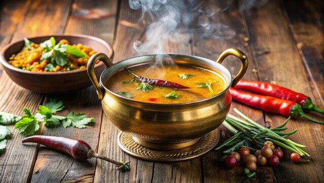 Aromatic South Indian soup rasam served in traditional bronze vessel with spices and garnishes, steaming hot and ready for consumption on a rustic wooden table.