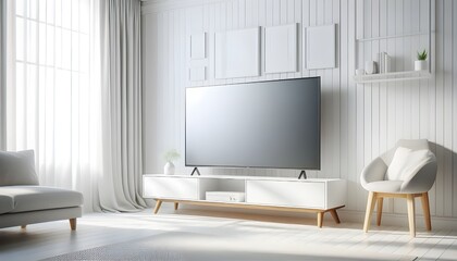 white living room with smart tv