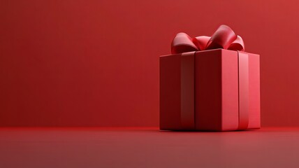 Minimal product background for Christmas, New year and sale event concept. Red gift box with red ribbon bow on red background. 3d render illustration. Clipping path of each element included