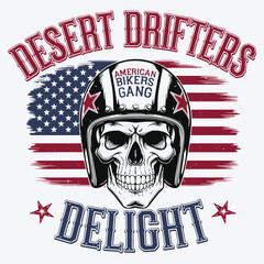 Skull with helmet on american flag background.