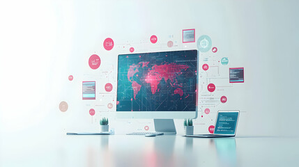 Monitor and Network Icons with Global Connection text isolated on white background concept as Camera movement Focus on the monitor and network icons highlighting global connectivity during virtual mee