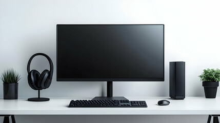 Fototapeta premium Monitor and headset with Stay Focused text isolated on white background concept as Camera movement Highlight the monitor and headset focusing on tools for concentration. Scene Clean modern setup with 