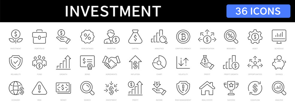 Investment thin line icons set. Investment, Investor, Asset, Profit, Portfolio, Fund, Dividend editable stroke icon. Vector