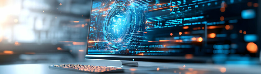 Monitor with holographic workflow management tools and copy space isolated on white balance concept as Camera movement Zoom into the monitor screen focusing on the glowing holographic workflow managem