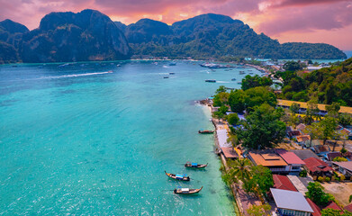 Aerial top view Phi Phi island, Krabi Province, Thailand sunset. Travel Thai vacation on tropical...
