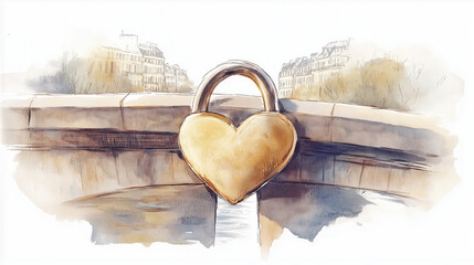 A heart-shaped padlock symbolizing love, attached to a bridge, set against a picturesque backdrop of serene waters.