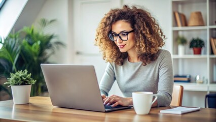 Fototapeta premium Attractive young adult female with stylish eyeglasses and curly brown hair working on a laptop at a modern minimalist desk with a cup of coffee nearby.