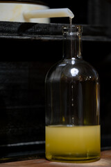 Bottling of oil from hydraulic press for production of extra virgin sunflower seed, eco healthy food manufacturing