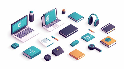 Online Education Icons Isolated Vector Set concept as A vector set of isolated icons representing online education elements including a laptop book and headset on a white background. The clean design 