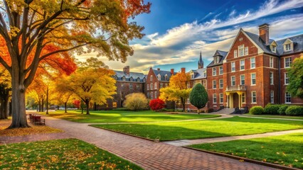 Fototapeta premium Beautiful autumn morning on a picturesque college campus with historic brick buildings, lush greenery, and vibrant fall foliage surrounding a tranquil central quad.