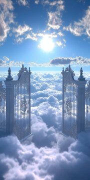 The sky is blue and the sun is shining brightly. The clouds are white and fluffy. The gates are silver and ornate