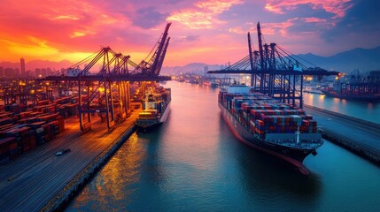 Naklejka premium Dusk view of an industrial port with a large container ship being unloaded by towering cranes. Captures the end-of-day operations and port activity.