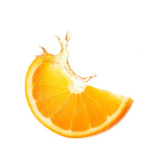 Fresh orange slice and juice splash on white background. Perfect for food and beverage advertisements, summer themed designs, and health articles
