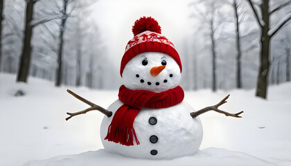Obraz premium Snowman with Red Hat in Winter Snowfall - Festive Holiday Scene