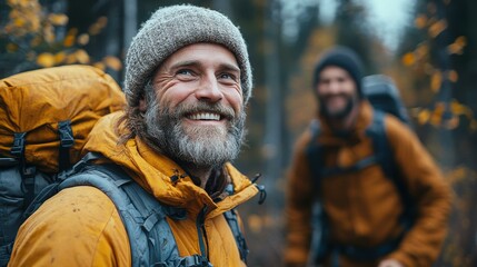 Obraz premium Two Hikers in Yellow Jackets Share a Laugh in the Woods - Laughing
