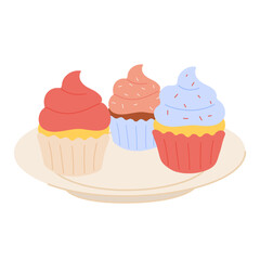 Cupcake with cherry and cream on top. Sweet dessert, vanilla muffin. Bakery treat on plate. Homemade food.