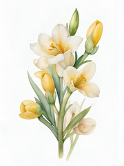 Freesia flower clipart , yellow flowers on a white background,  Freesia flower painting by watercolor


